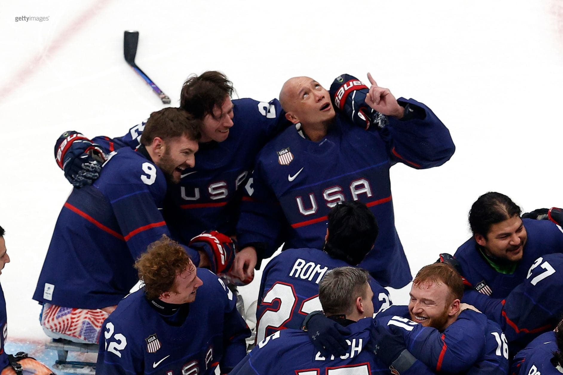 A moment of celebration for the United States Para Ice Hockey team following their gold medal victory at the Beijing 2022 Paralympic Winter Games. 